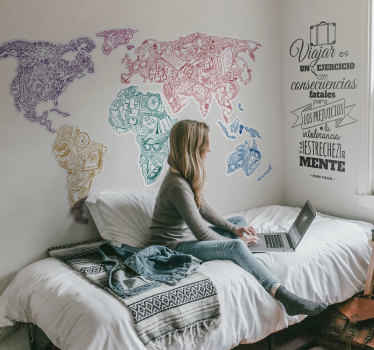 Vinilo mapamundi colorido elementos viajes - TenVinilo