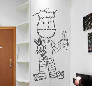 Design ilustrativ autocolant de perete al unui bărbat în pijamale în stil de desen. Este autoadeziv și ușor de aplicat. Cumpără-l în orice dimensiune necesară.