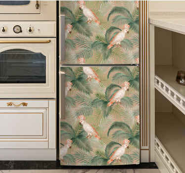 White parrots on beige palms fridge decal - TenStickers