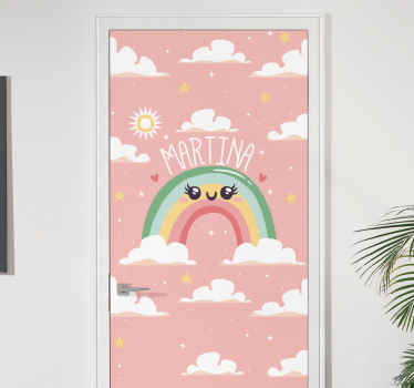 Vinilo para puerta Bonito arcoiris con nubes con nombre - TenVinilo