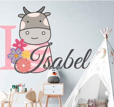Vinilo infantil vaca con flores y nombre - TenVinilo