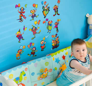 Creative stickers of the alphabet with images of clowns. Fantastic decal to decorate your child´s room and make learning the alphabet fun!