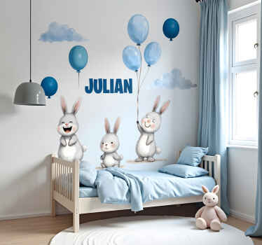 Blauwe ballonnen met konijntjes muursticker - TenStickers