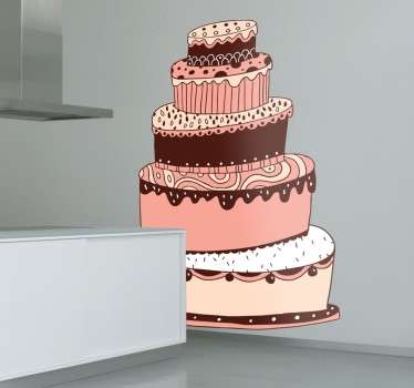 Naklejka dekoracyjna do kuchni, kawiarnii lub cukiernii przedstawiająca olbrzymi tort o różnych smakach i ozdobach. Piękna, kolorowa naklejka ścienna ożywi każde wnętrze.