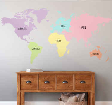 Kontinenter pastelfarver wallstickers verdenskort - TenStickers