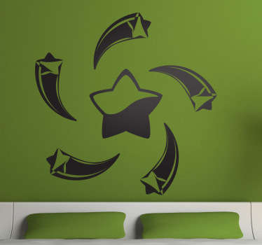 Unique decal of a big star surrounded by five shooting stars. Brilliant design from our collection of star wall stickers.