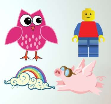 Autocolante para quarto infantil com a imagem de um mocho, um porquinho com asas, um arco-iris e uma personagem de legos.