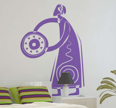 Abstrakt illustration av en dam som håller en cirkulär sköld och bär en lång stamklänning.