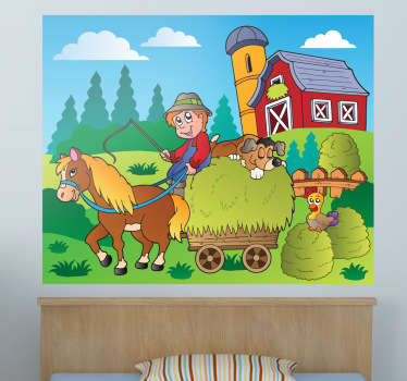 Kids sticker illustrating a farmer on his wagon and a horse pulling him forwards. Great decor sticker for childrens rooms or play areas.
