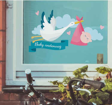 Raamsticker baby onderweg met ooievaar - TenStickers