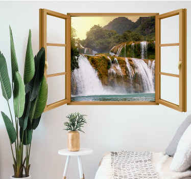 Vinilo pared 3D ventana vistas cataratas Ban Gioc - TenVinilo