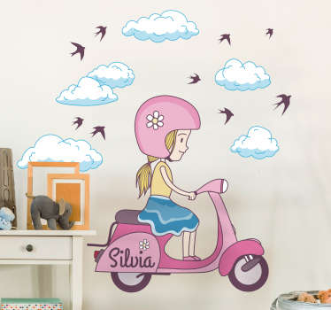 Vinilo personalizable infantil niña en moto - TenVinilo