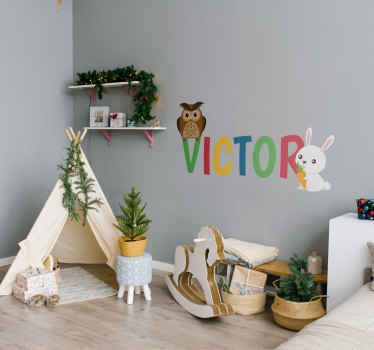 猫头鹰兔子自定义名字贴纸插画 - TenStickers