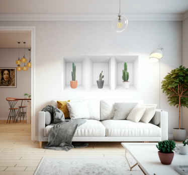 Vinilo pared salón 3D macetas de cactus en estanterías - TenVinilo