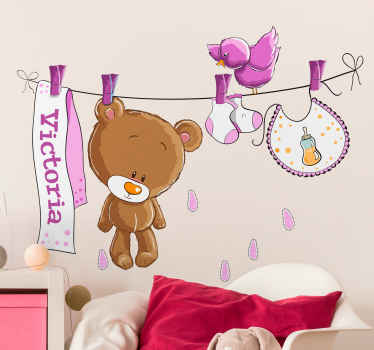  Personalized pink clothesline bear sticker - TenStickers