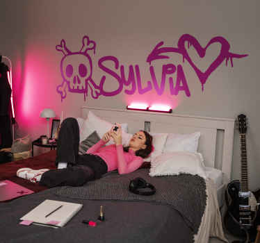 Sticker graffiti nom tête de mort et coeur - TenStickers