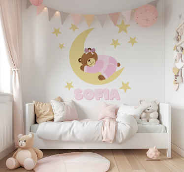 Sticker mural chambre enfant ours rose avec nom - TenStickers