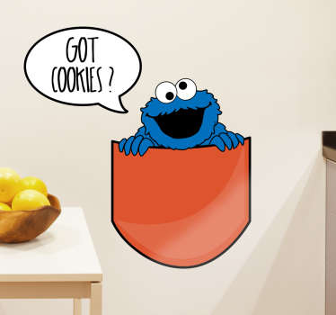 Pegatinas infantiles del monstruo más famoso de Barrio Sésamo, asomándose de un bolsillo y preguntando en inglés si tenemos galletas.