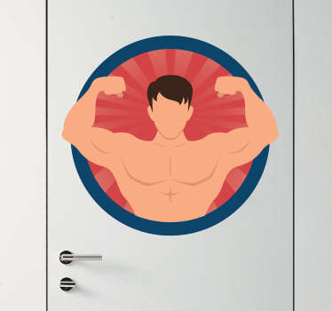 墙上的贴纸由一个圆圈组成，上面有一个年轻人的形象，展示了他的肌肉。