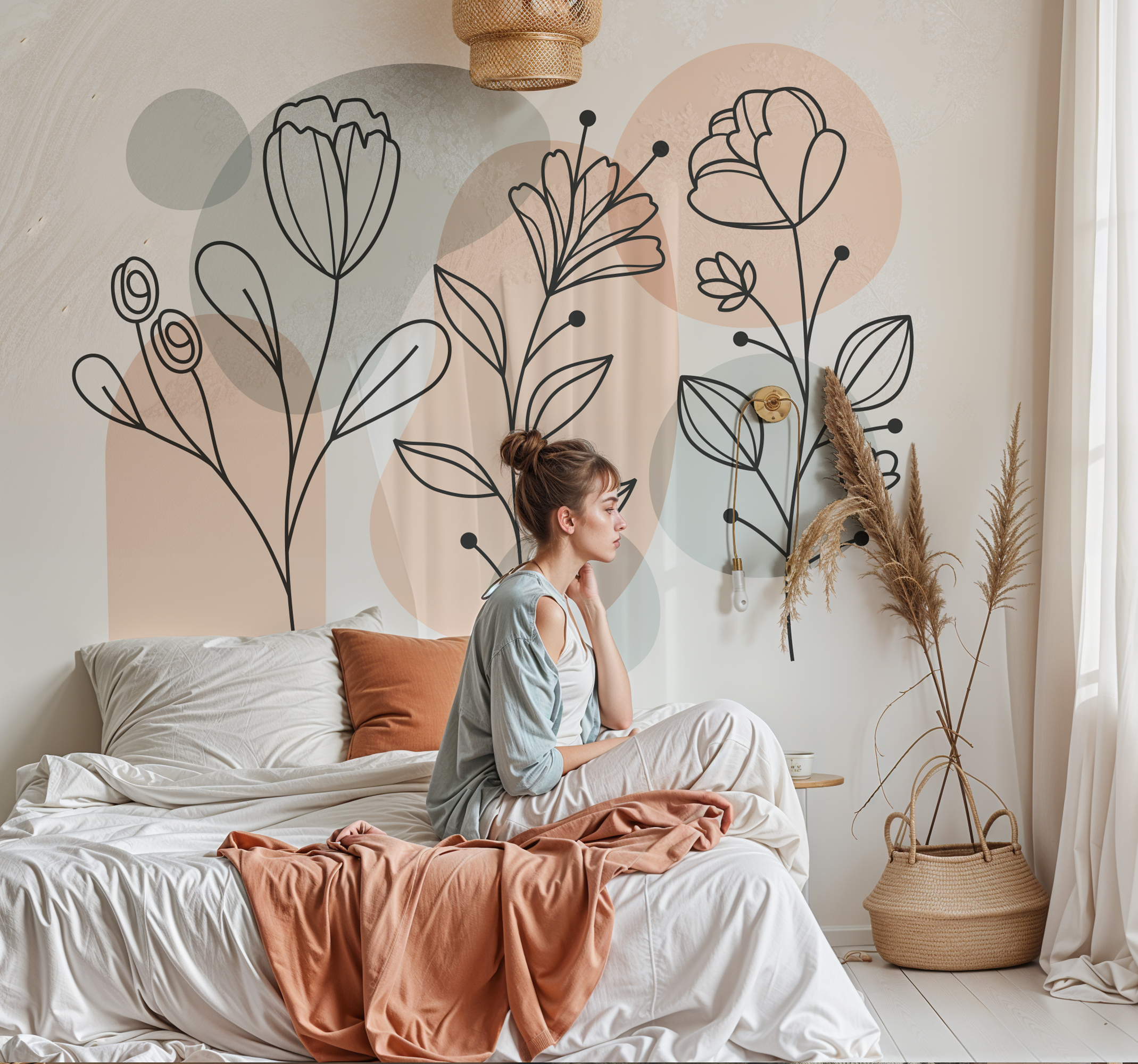 Minimalistische bloemen slaapkamer muursticker