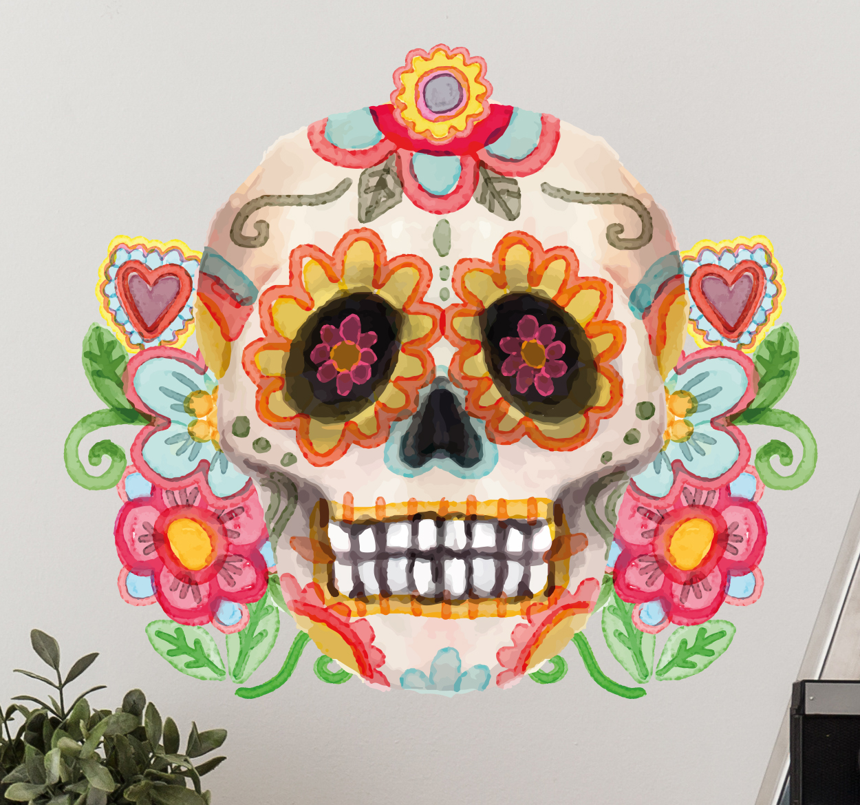 Vinilo pared salón acuarela calavera día de muertos