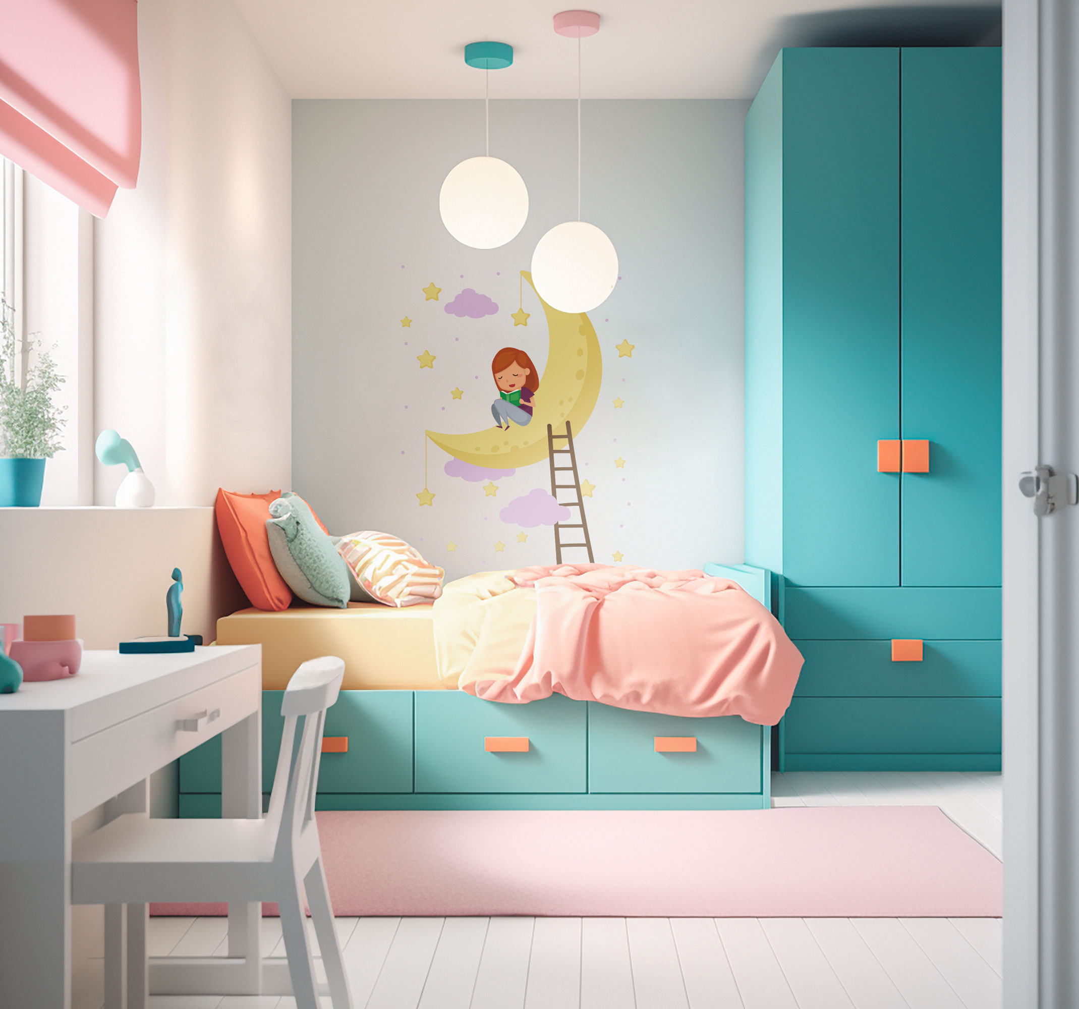 Tenstickers Muursticker maan met meisje