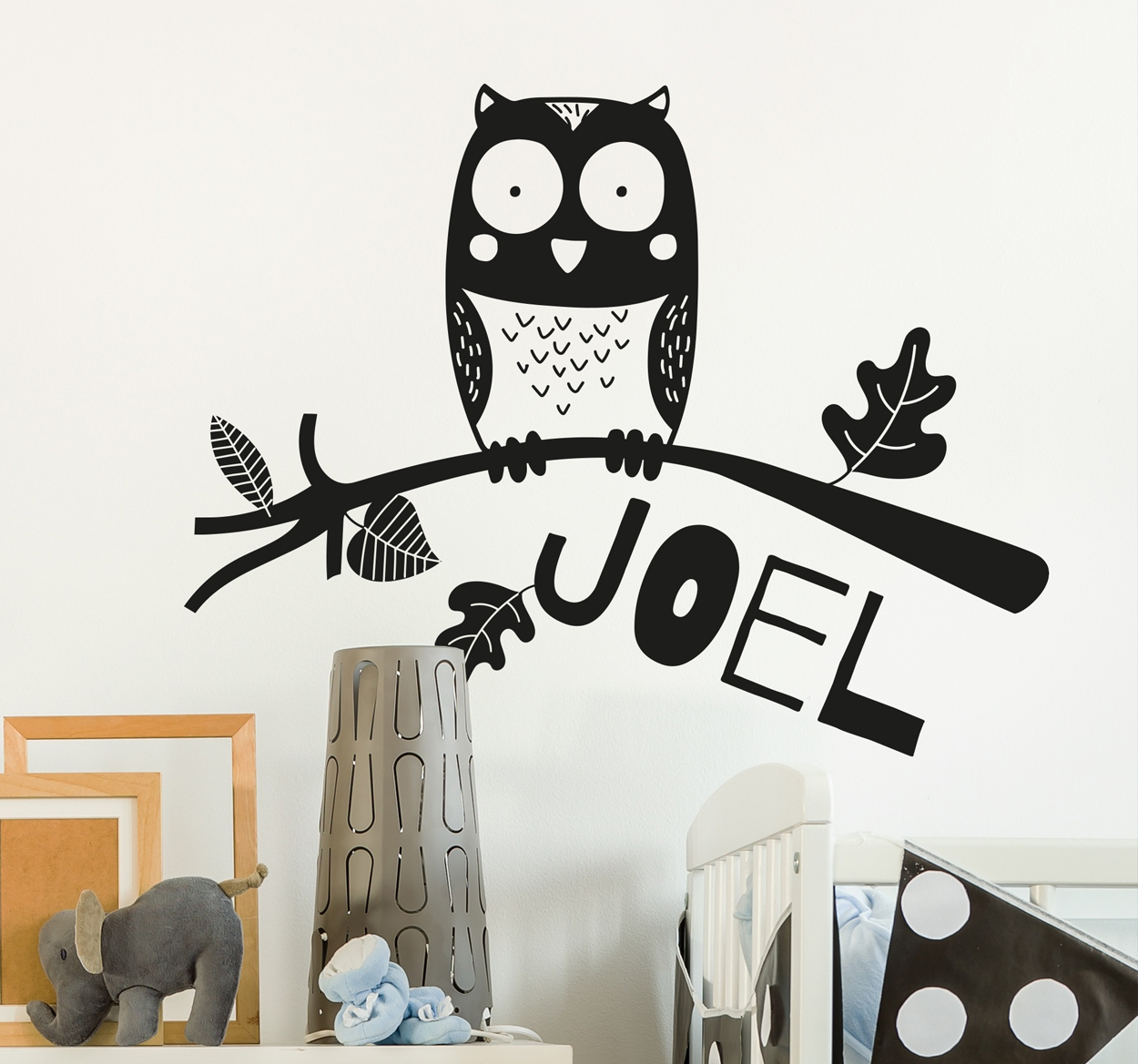 Tenstickers Vogel muursticker uil op tak met naam
