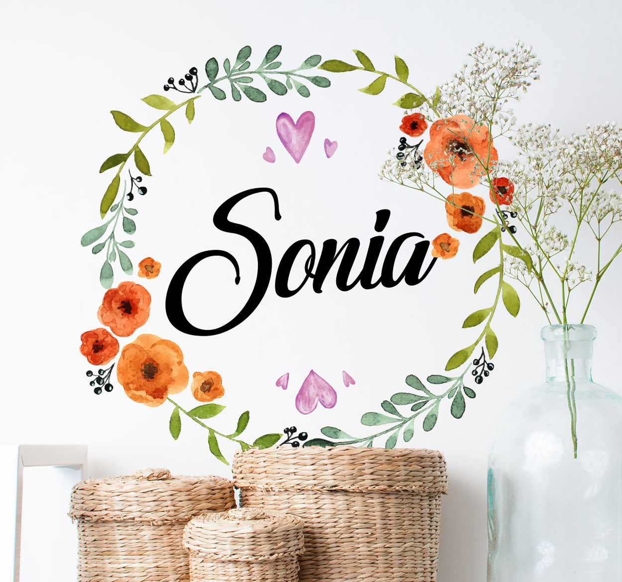 Tenstickers Bloemen muursticker krans met naam