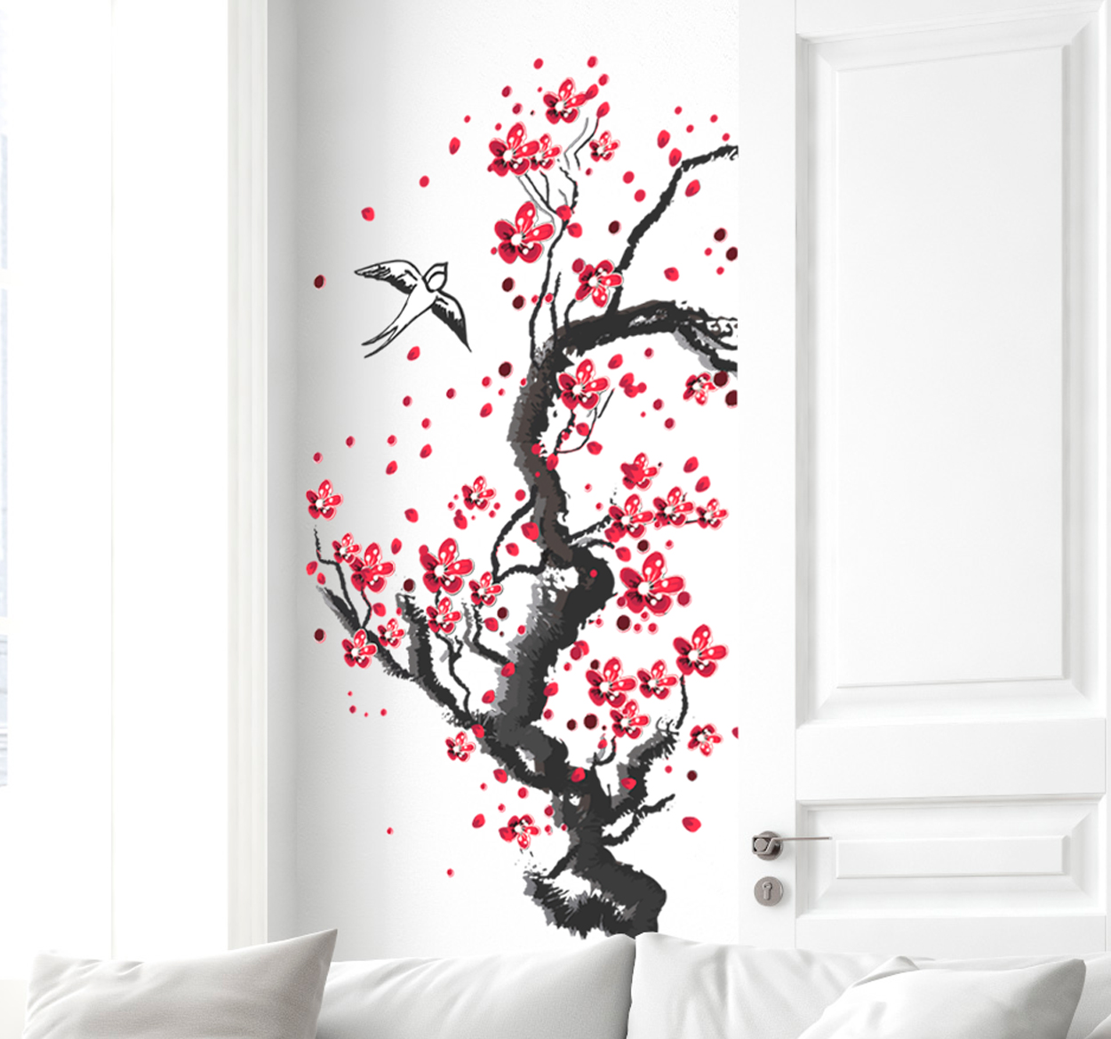 Tenstickers Muursticker woonkamer met stam en bloemen