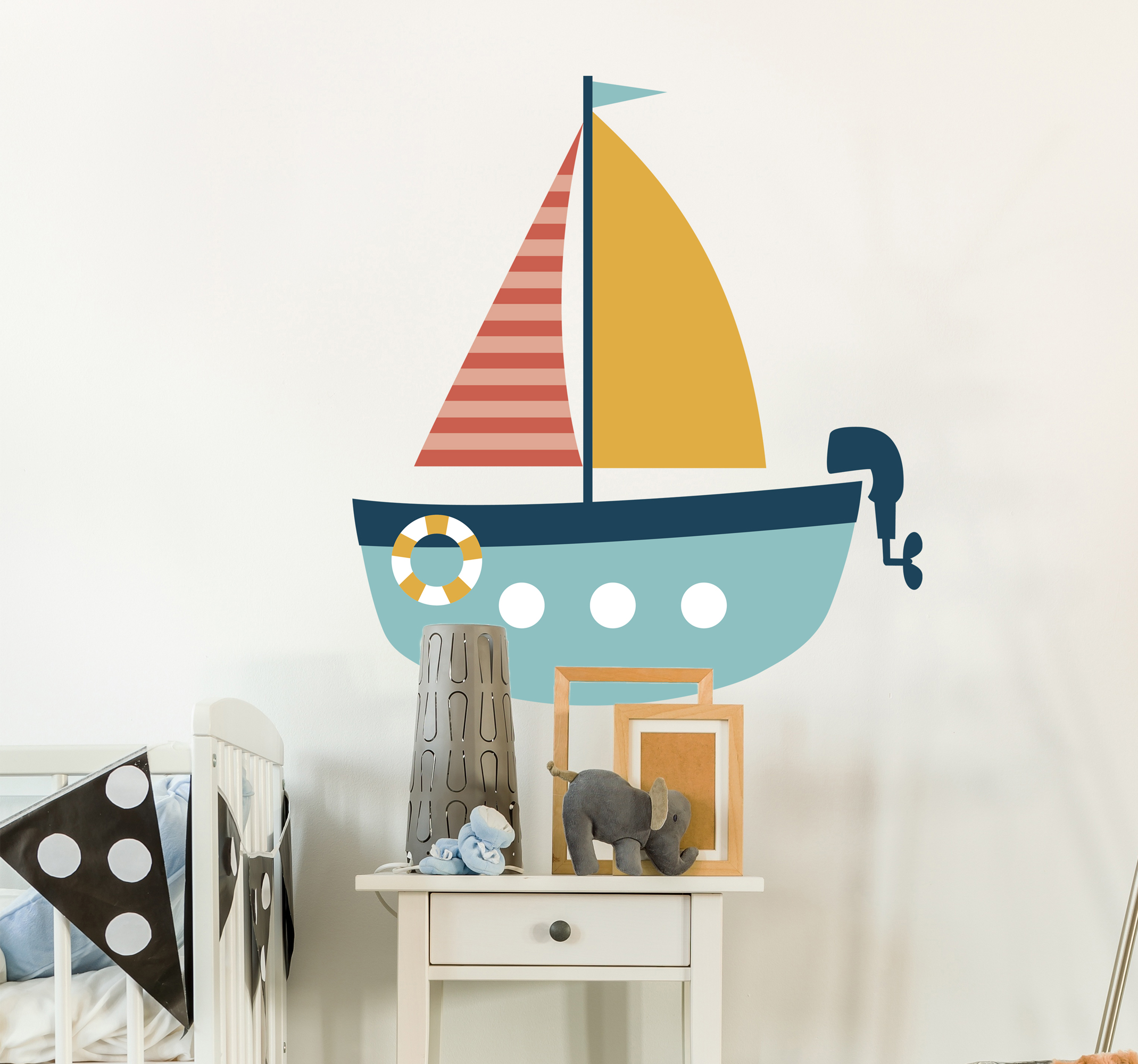 Tenstickers Sticker kinderkamer roeiboot met motor