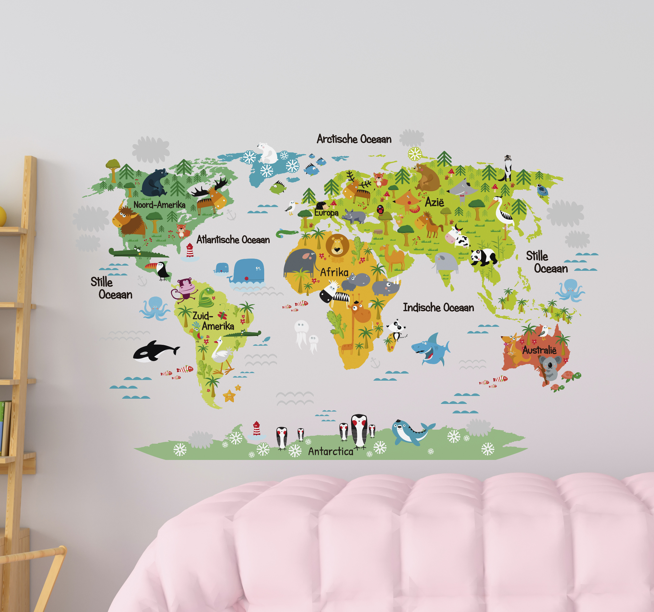 Tenstickers Muurstickers wereldkaart kinderkamer dieren