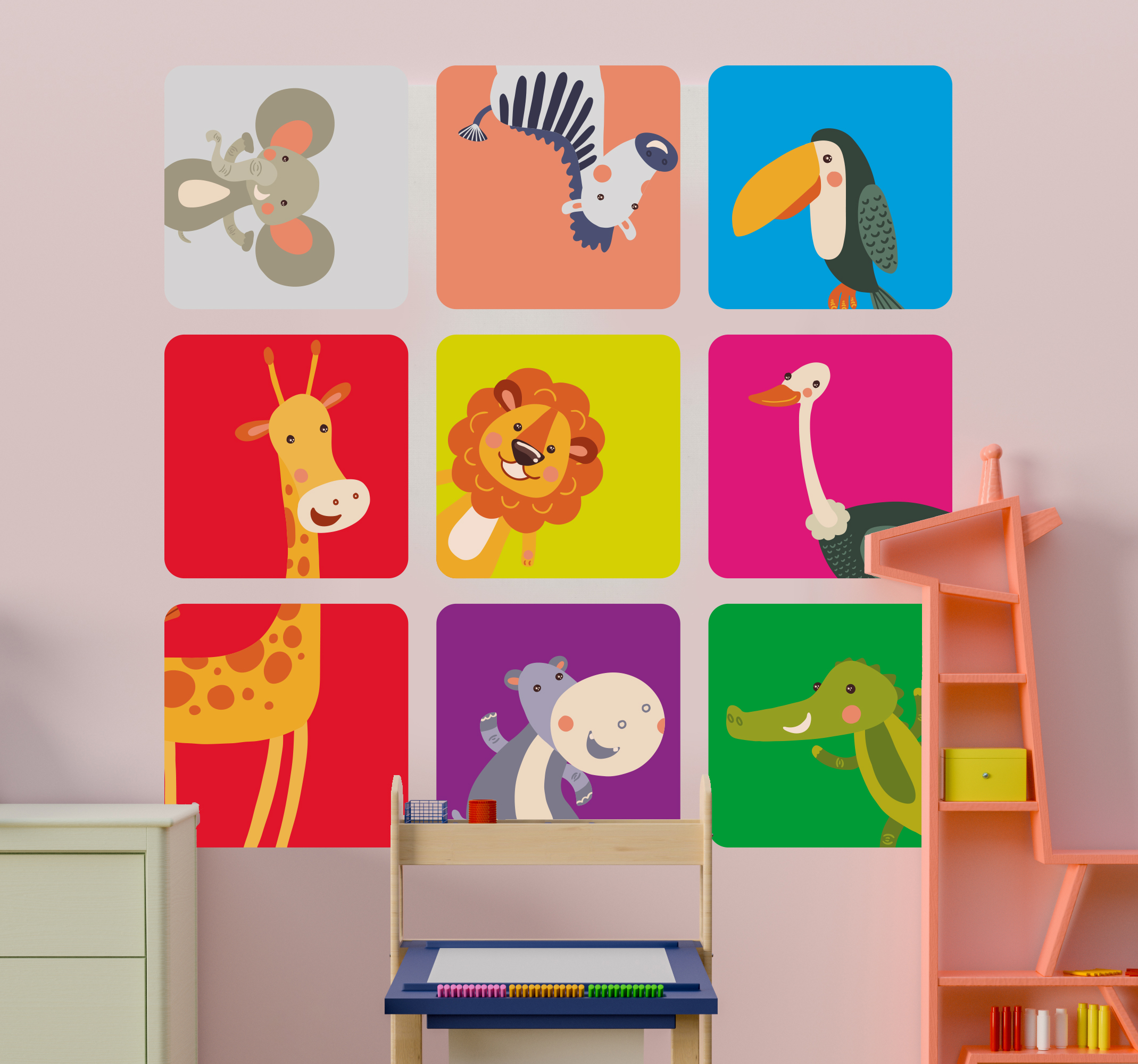 Tenstickers Muursticker kinderkamer dieren vierkanten