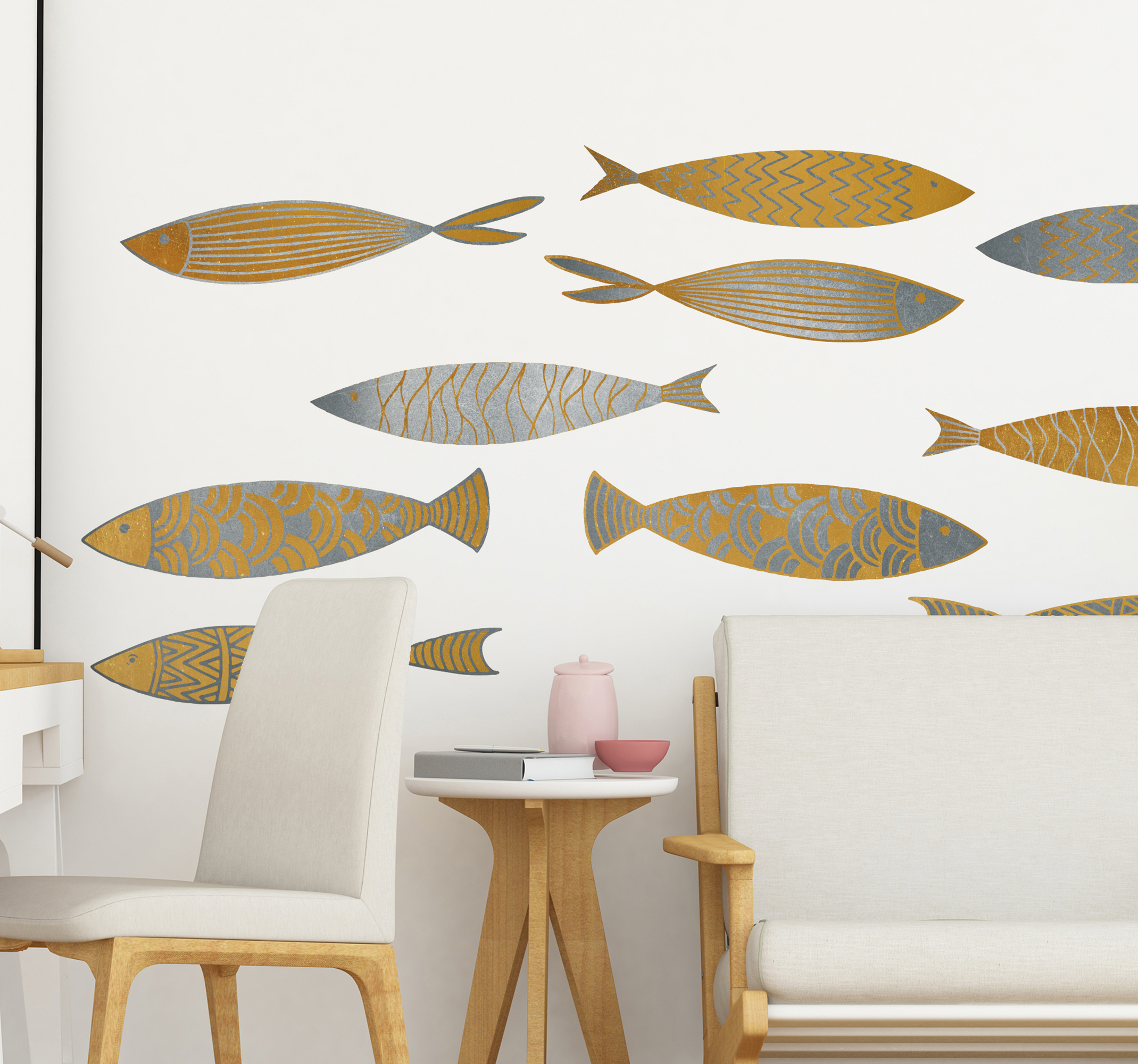 Tenstickers Muursticker woonkamer gouden en zilveren vissen