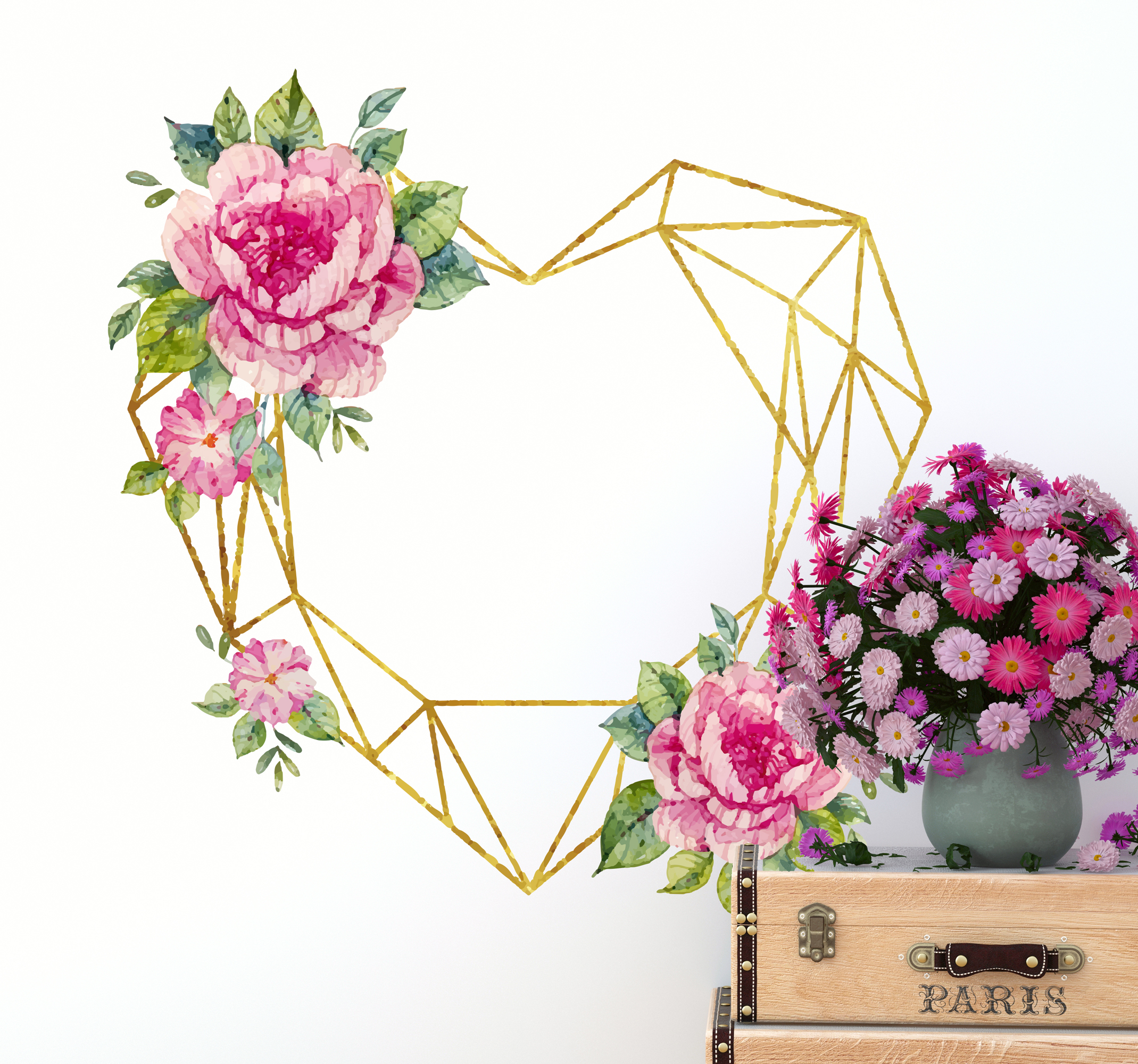 3D muursticker hart en bloemen