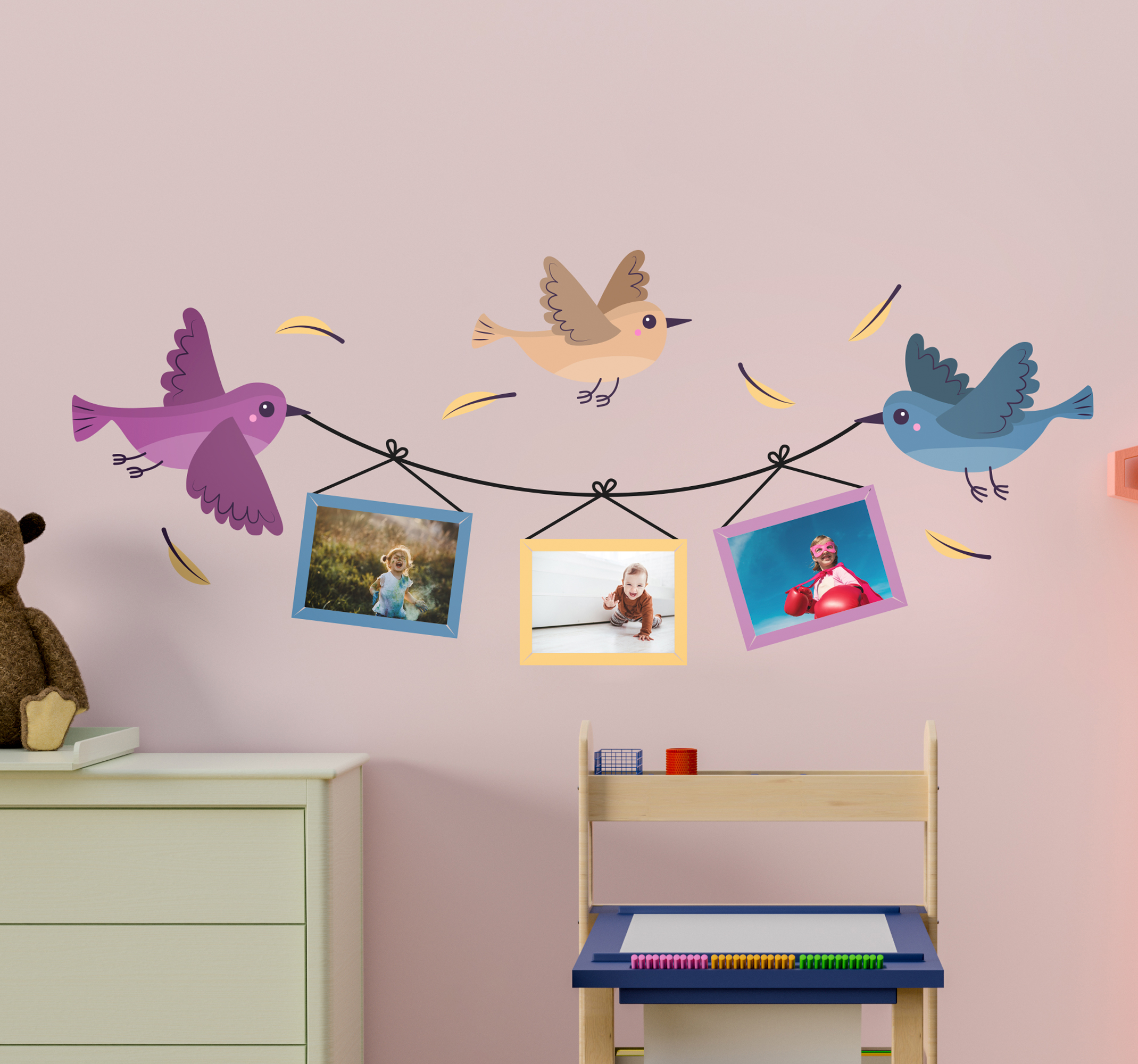 Dieren muursticker vogels met fotolijsten