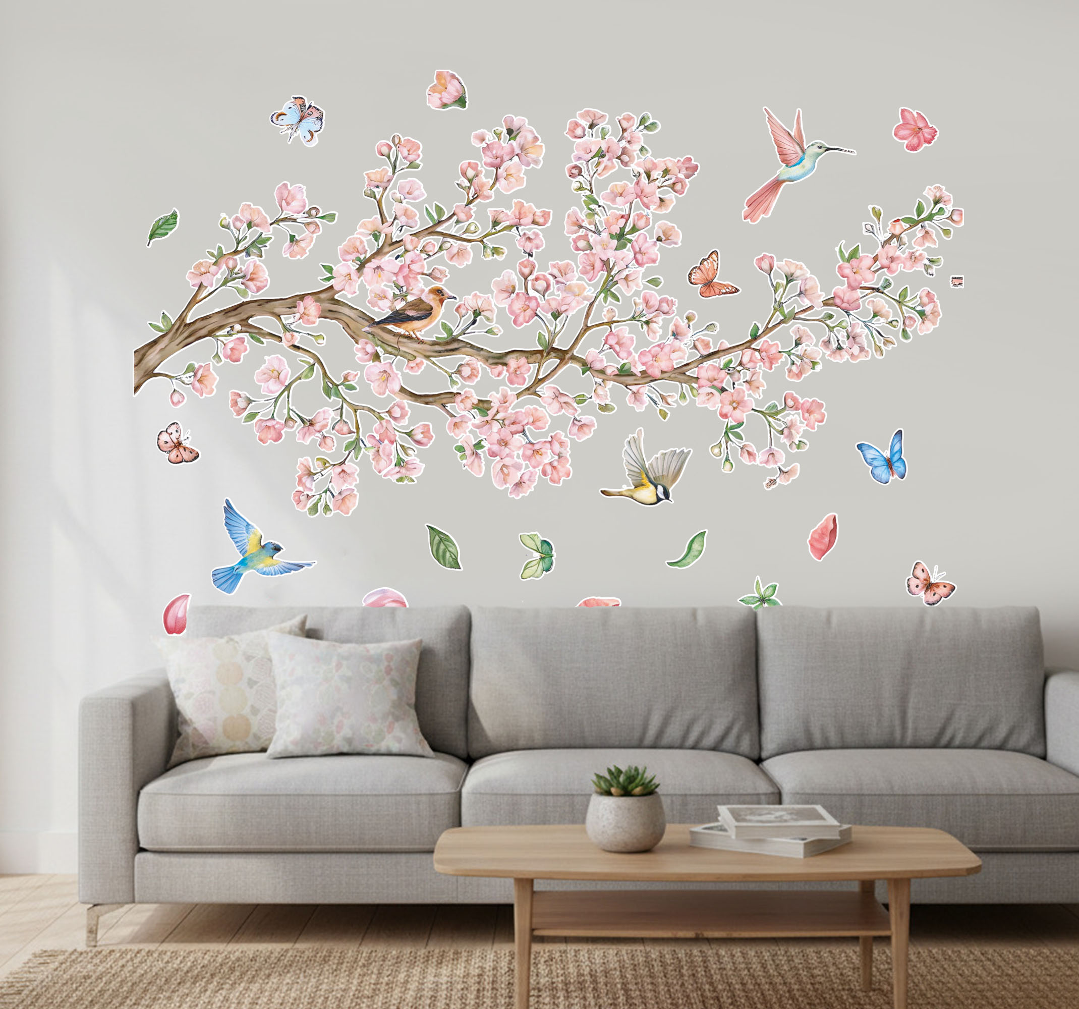 Tenstickers Muursticker kersenbloesem met vogels