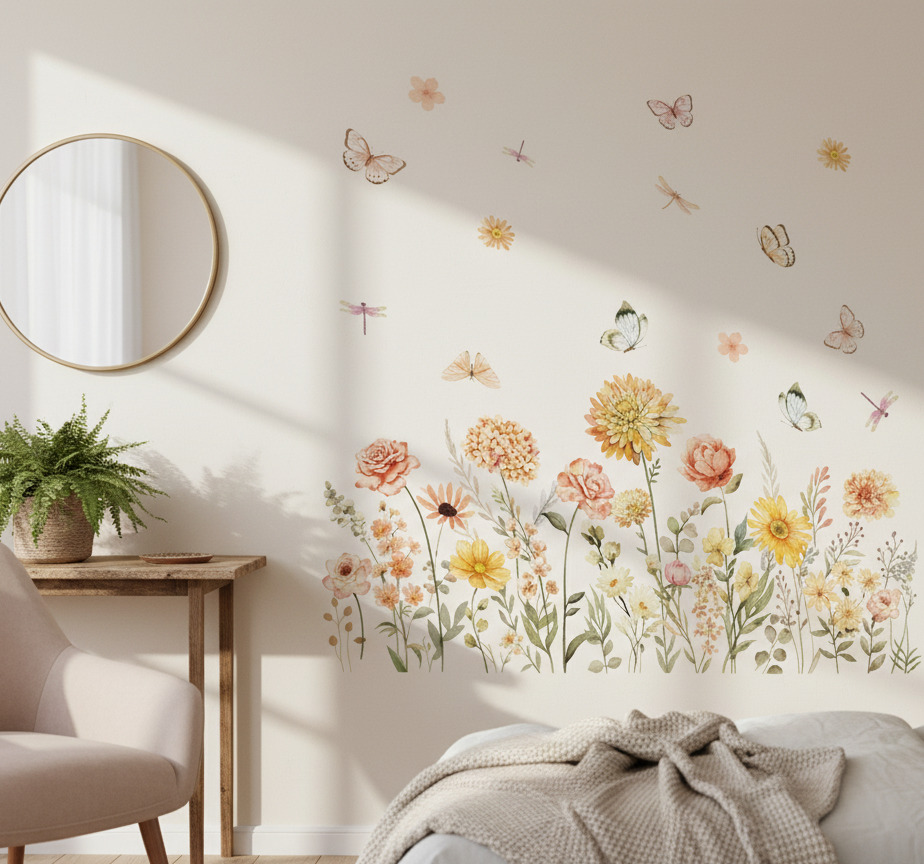 Tenstickers Muursticker wilde bloemenweide met vlinders