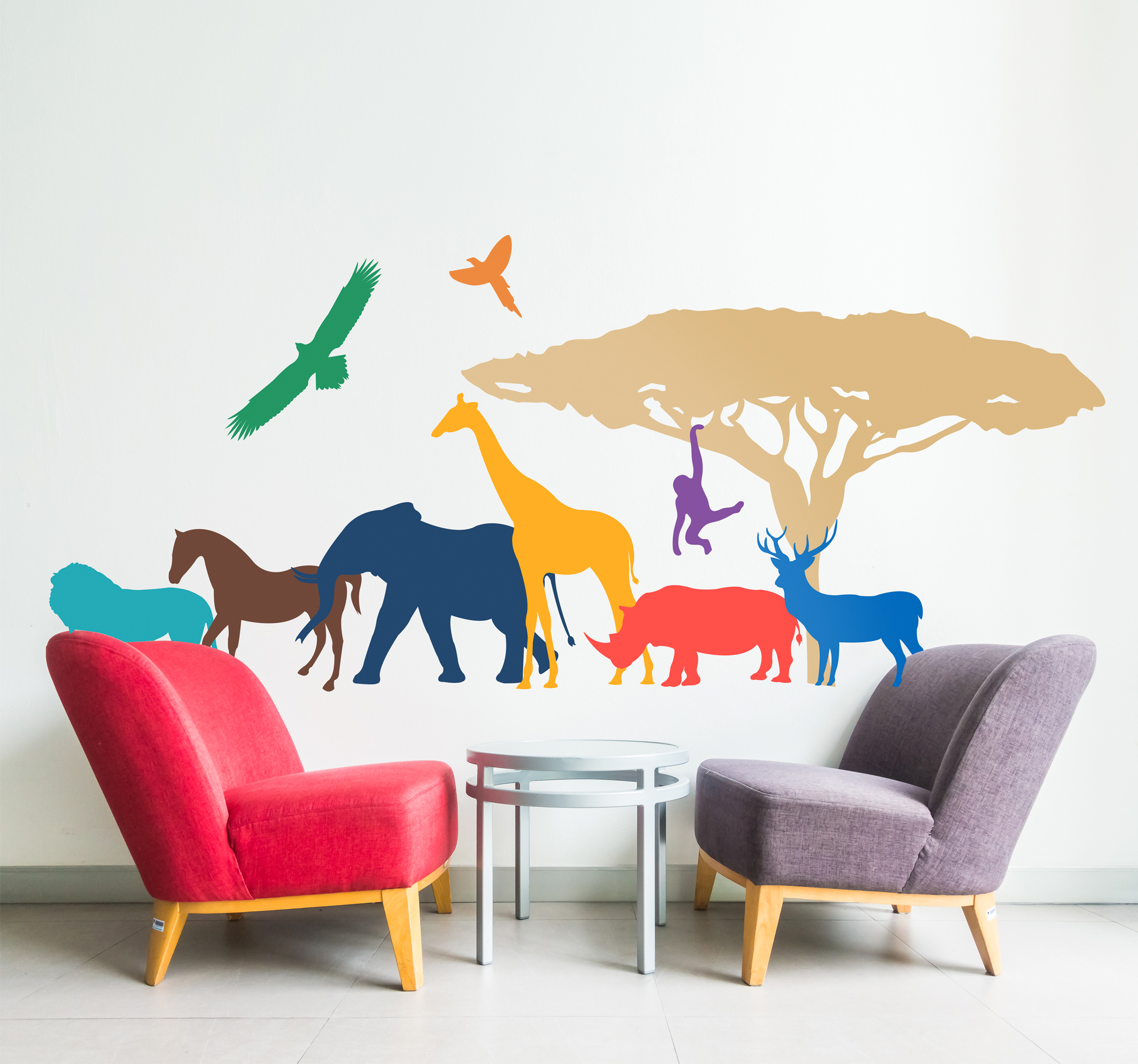 Tenstickers Silhouette Sticker Kleurrijke Safari Dieren