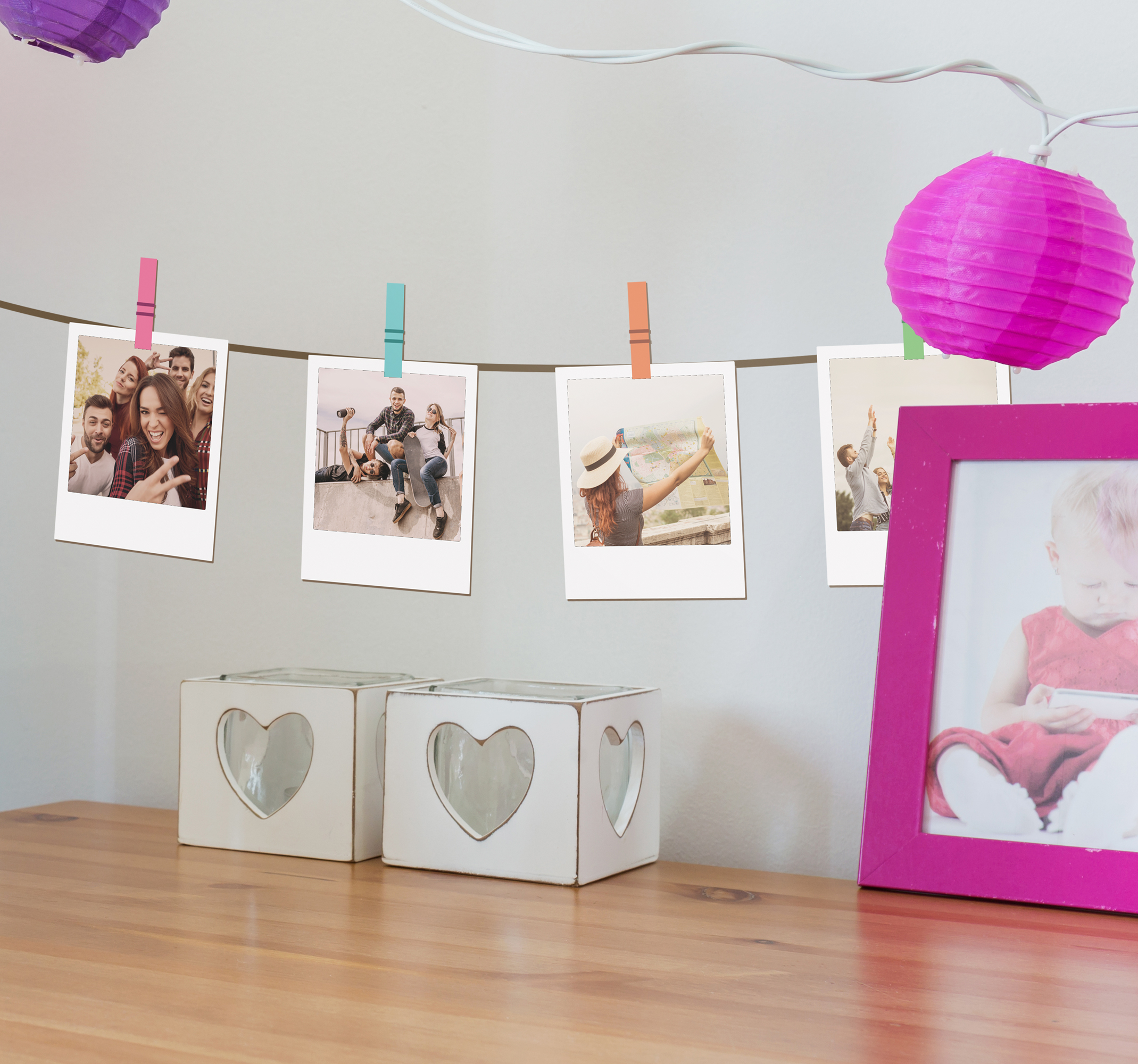 Tenstickers Ornament muursticker lijn met polaroids