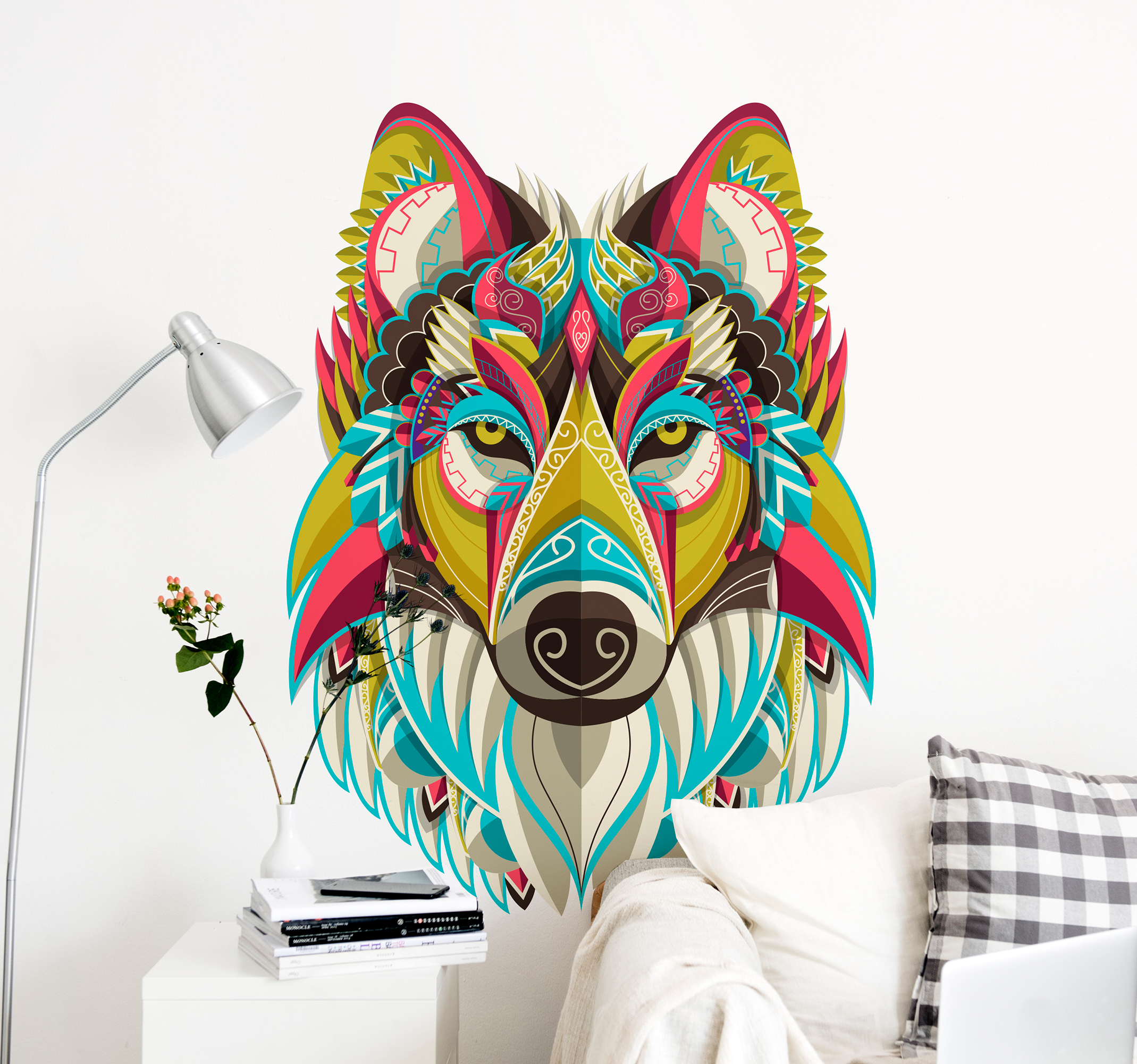 Tenstickers Muurstickers tienerkamer kleurvolle wolf