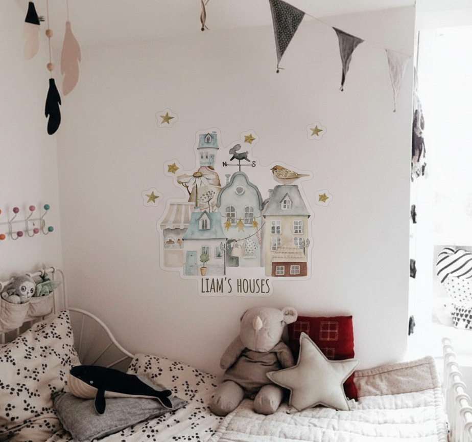 Muursticker kinderkamer vlaamse huizen met naam