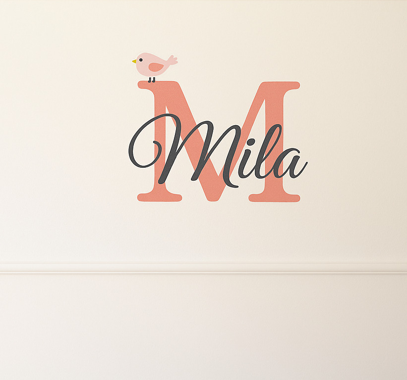 Tenstickers Muursticker schattig vogeltje naam initiaal
