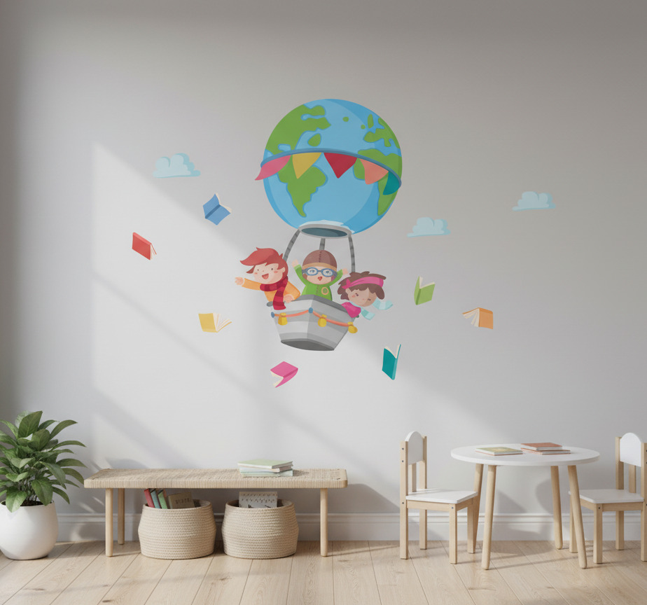 Tenstickers Muursticker vliegende ballon met kinderen