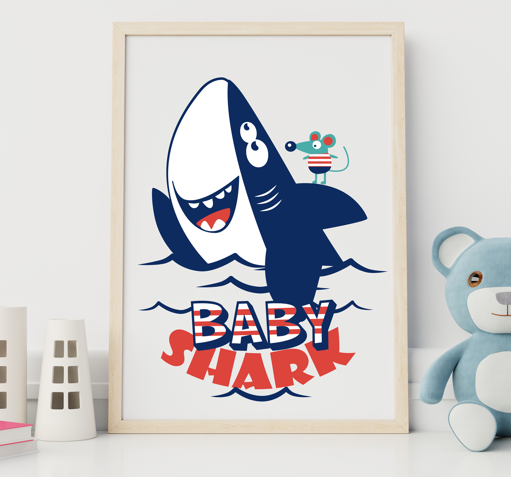 Tenstickers Muurdecoratie stickers baby shark en muisje