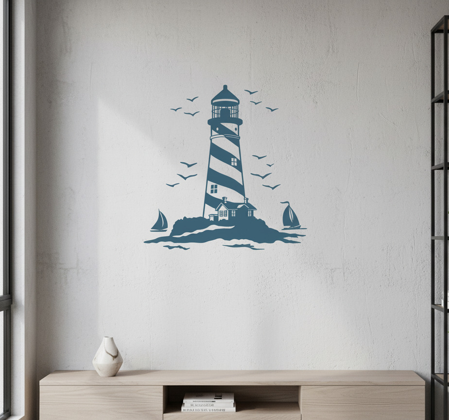 Tenstickers Muursticker blauwe vuurtoren zee kunst
