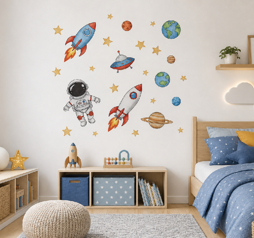 Tenstickers Muursticker astronaut raket speelkamer decoratie