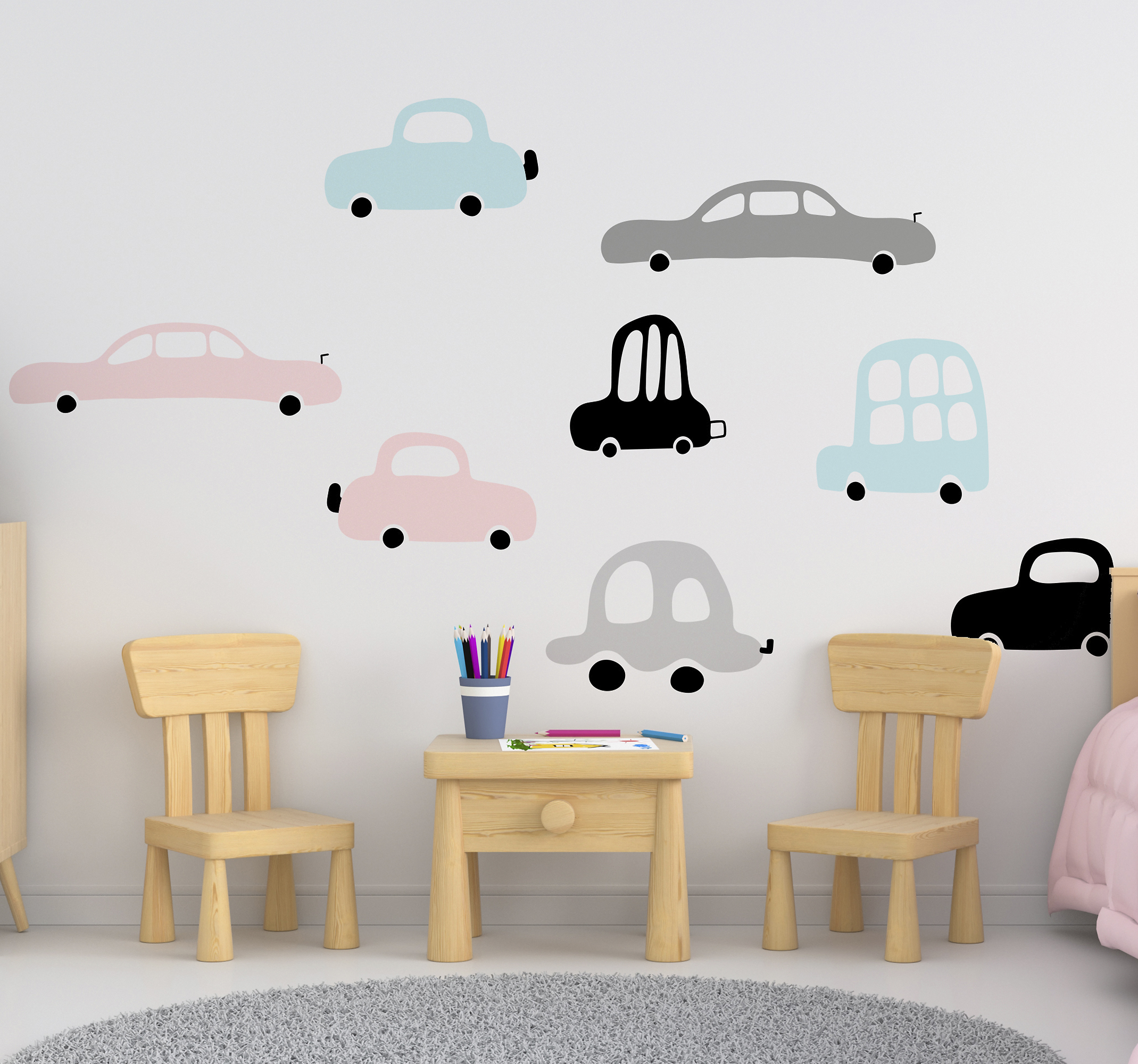 Tenstickers Muurstickers kinderkamer autootjes met pastel kleuren