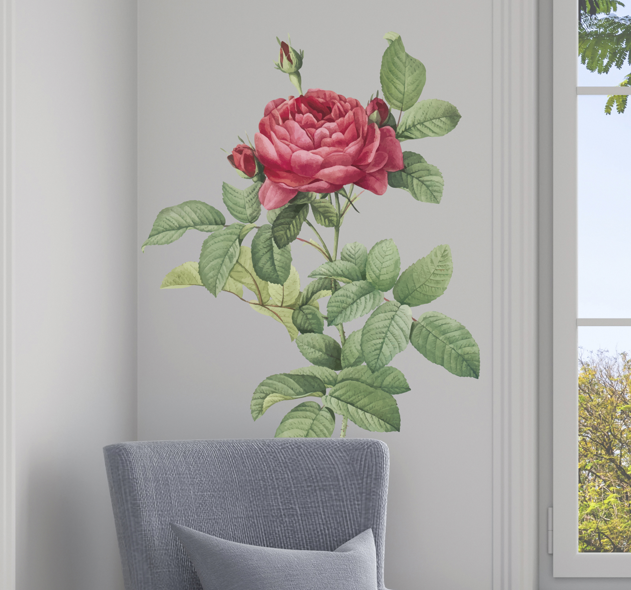 Tenstickers Bloemen muursticker rode roos met blad