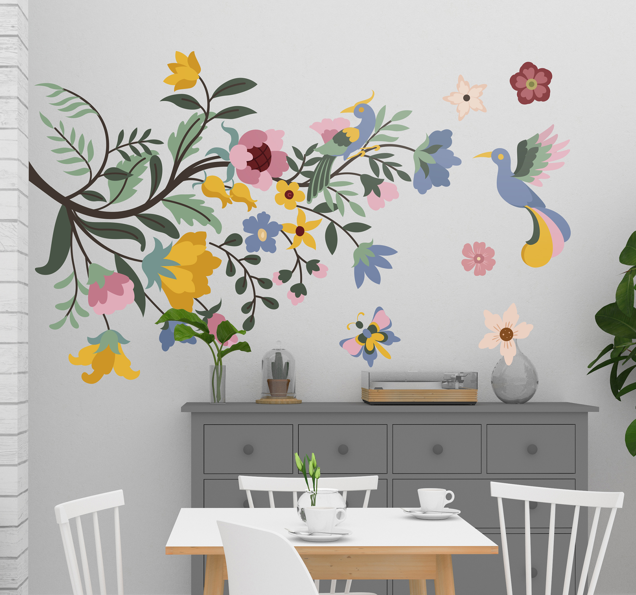 Vogel muursticker met bloemen helder lentebloem
