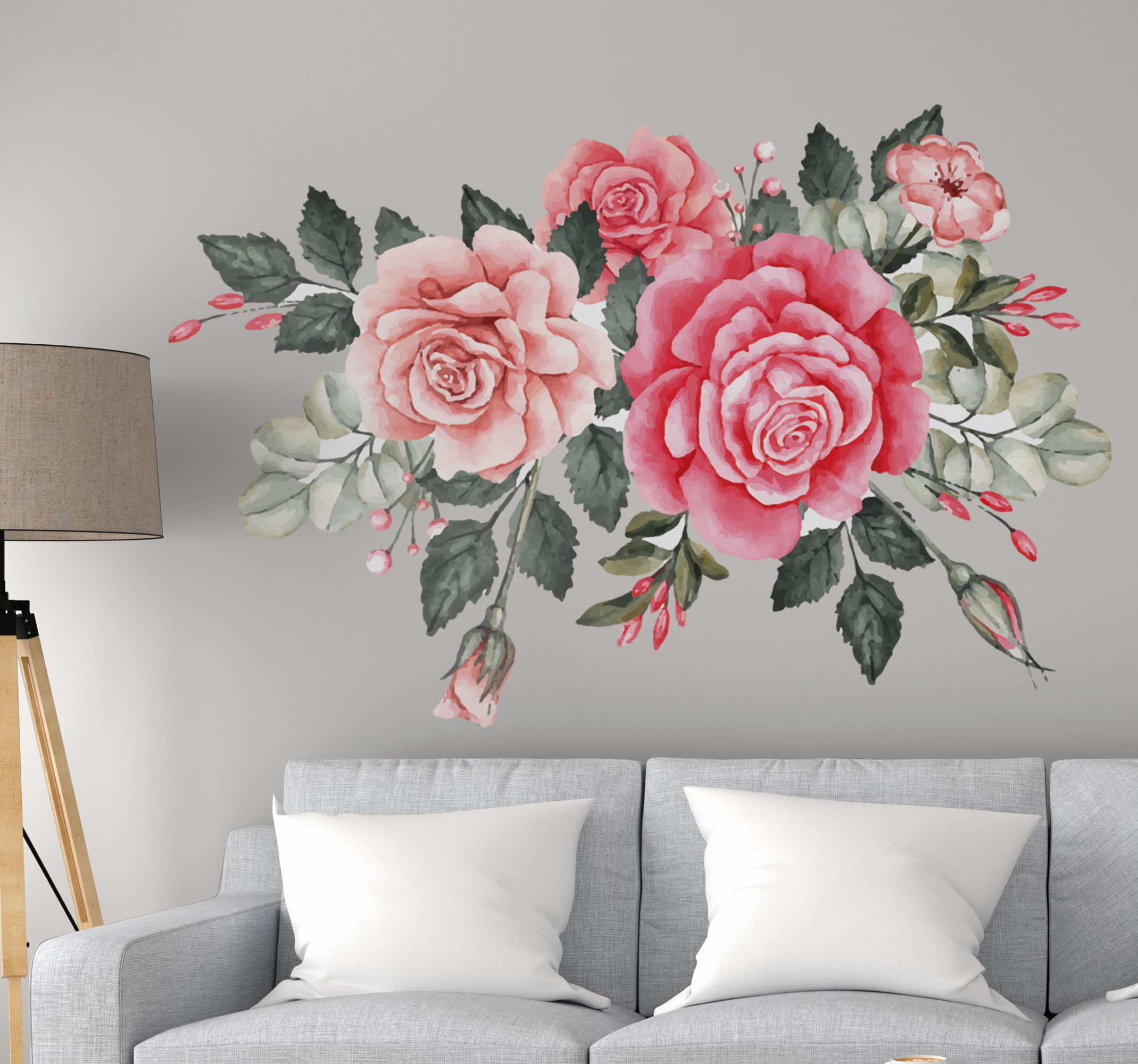 Tenstickers Muursticker woonkamer met boeket roze bloemen
